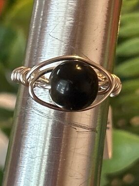 Handmade black obsidian wire wrapped crystal ring size 5.75